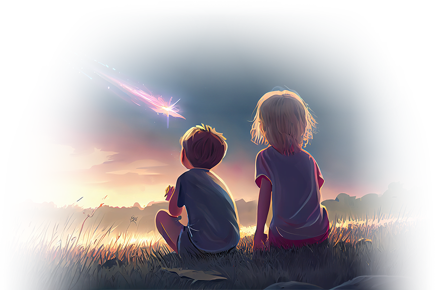 Illustration of two children watching a shooting star in the night sky