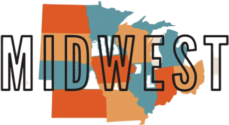 Map of the Midwestern USA with the phrase "Midwest" across the top